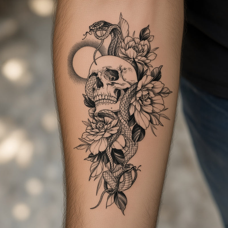 Skull wrapped by a snake among peonies worn on a forearm, temporary tattoo design