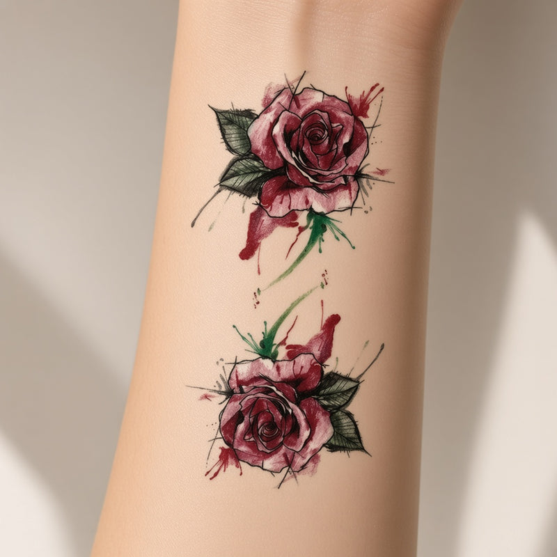 Cobalt Plume Flower temporary tattoo worn on the inner forearm