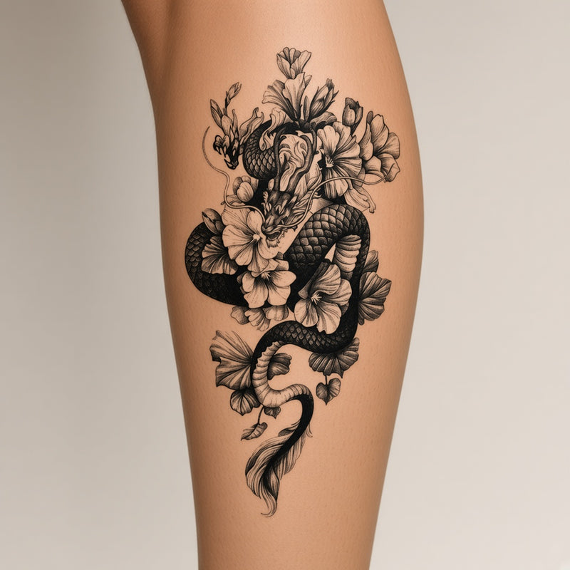 Midnight Oath Dragon temporary tattoo worn on the outer calf
