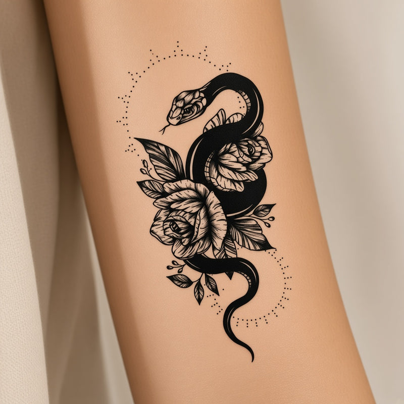 Coil & Crown Snake temporary tattoo worn on the inner forearm
