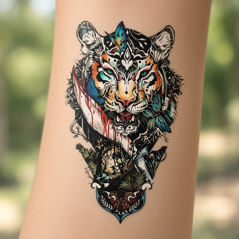 Tiger and butterflies temporary tattoo worn on the forearm