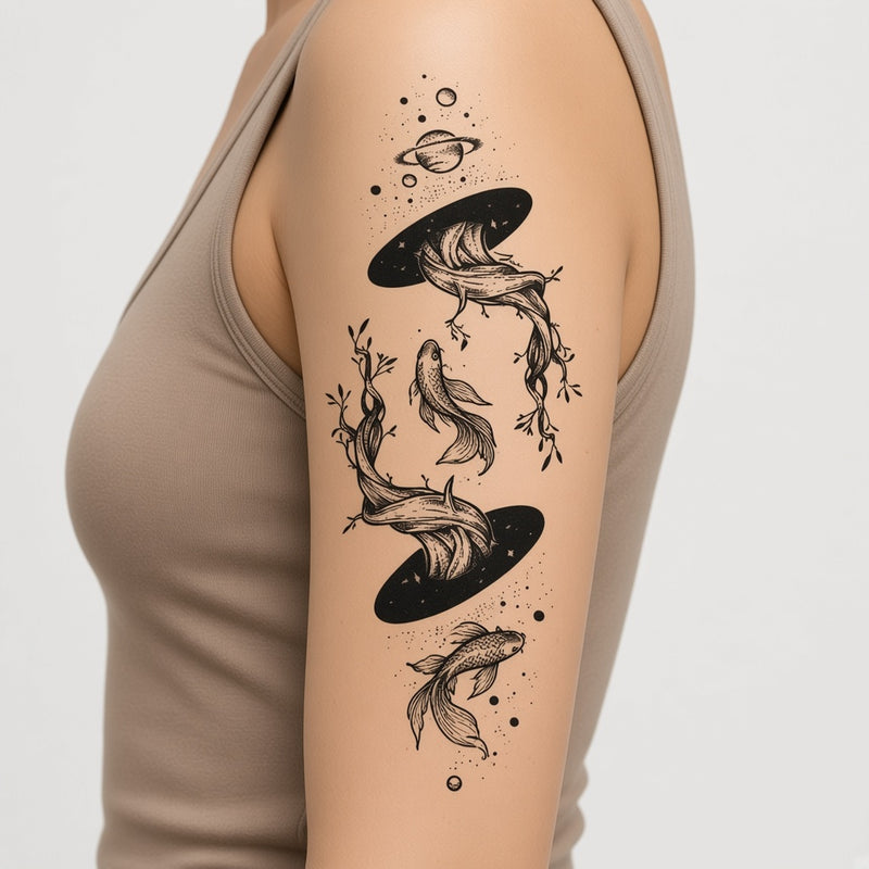 Wild Atlas Cosmic & Tree & Diamond temporary tattoo worn on the outer upper arm