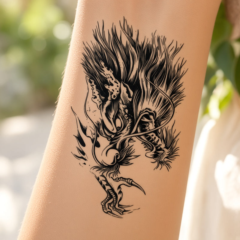 Dragon linework temporary tattoo worn on the forearm