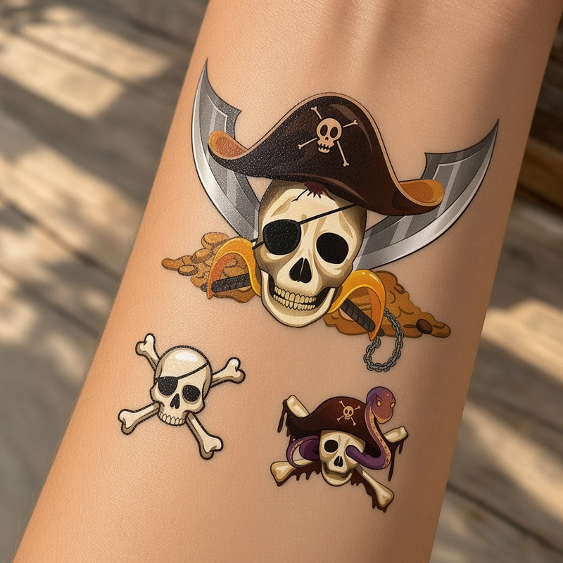 Pirate skull and crossed swords temporary tattoo worn on the forearm