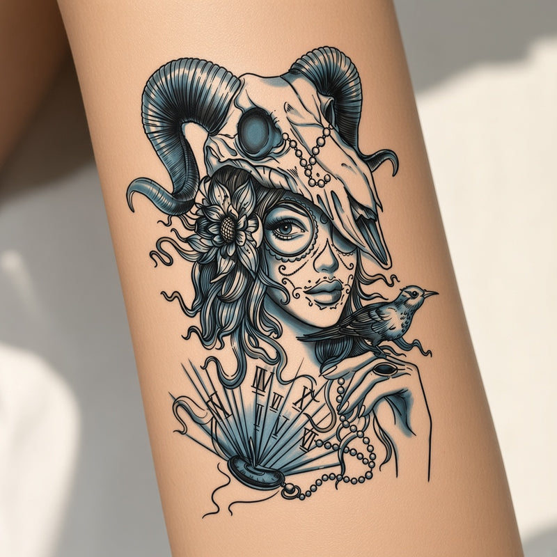 Ram skull woman temporary tattoo worn on the forearm