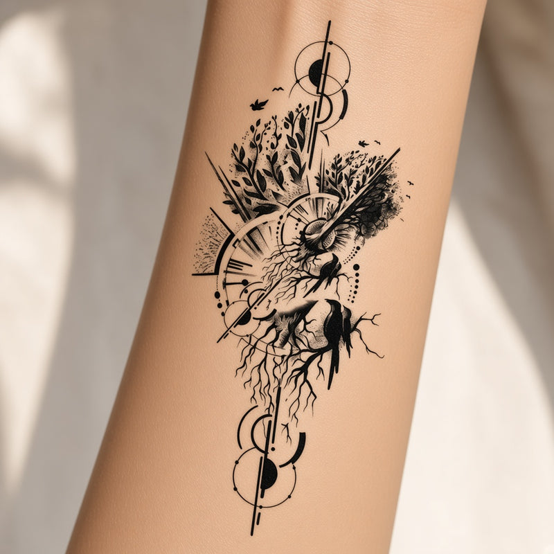 Geometric clock and tree temporary tattoo worn on the forearm