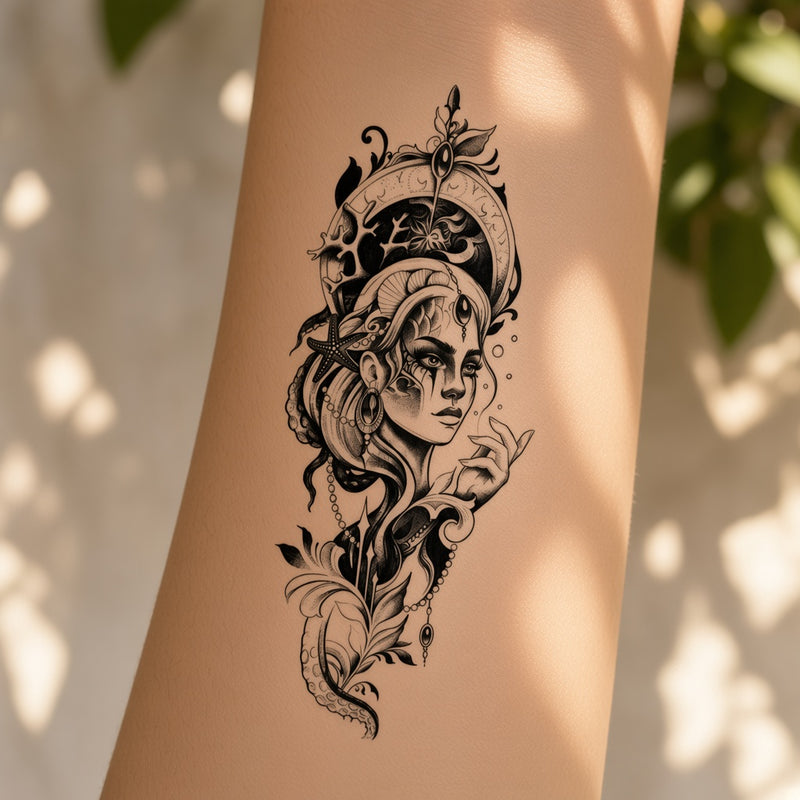 Sea goddess temporary tattoo worn on the forearm