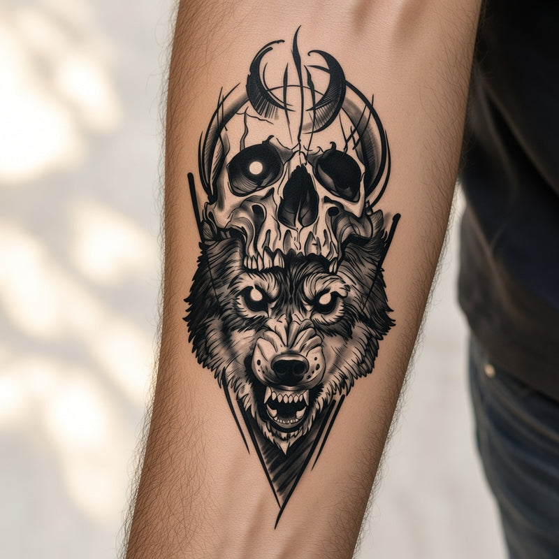 Skull and snarling wolf temporary tattoo worn on the forearm