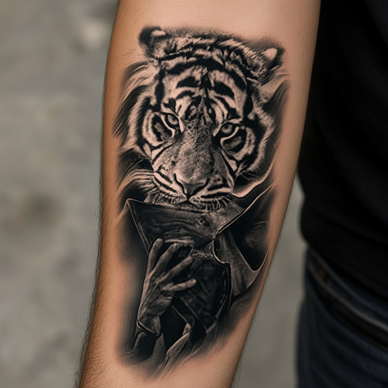 Tiger with a hooded figure worn on an outer forearm, black and grey temporary tattoo design