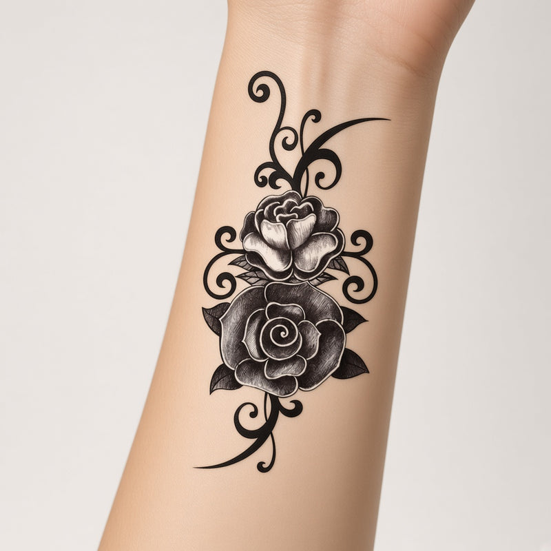 Rose Echo Rose temporary tattoo worn on the inner forearm