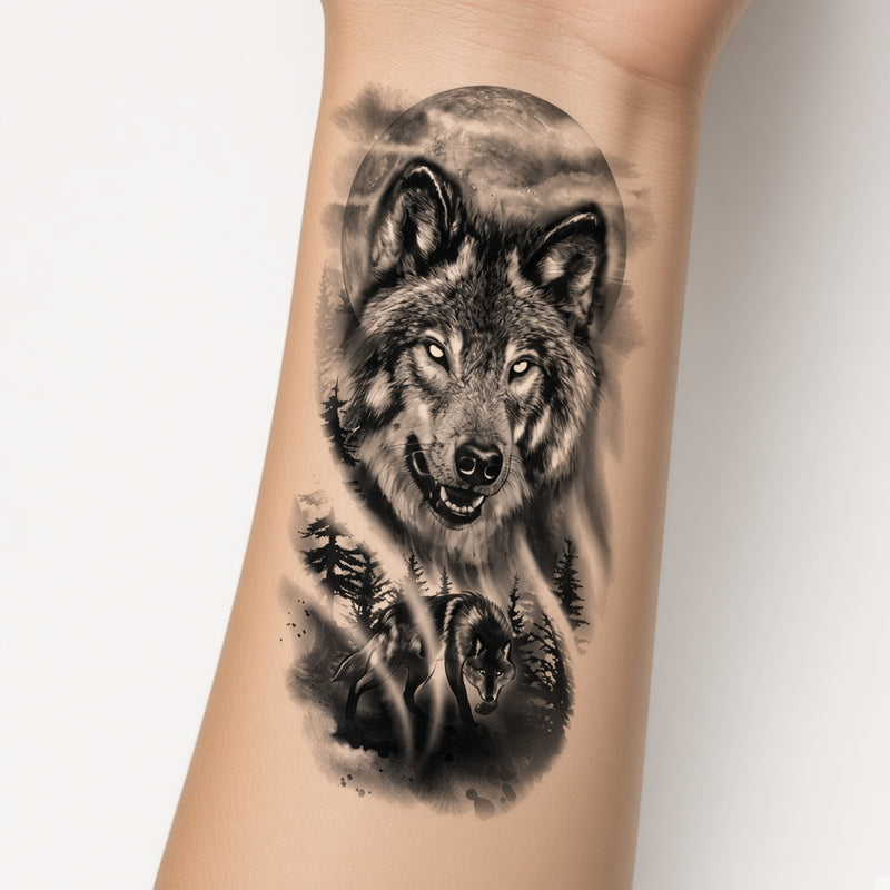 Lone Howl Wolf temporary tattoo worn on the inner forearm