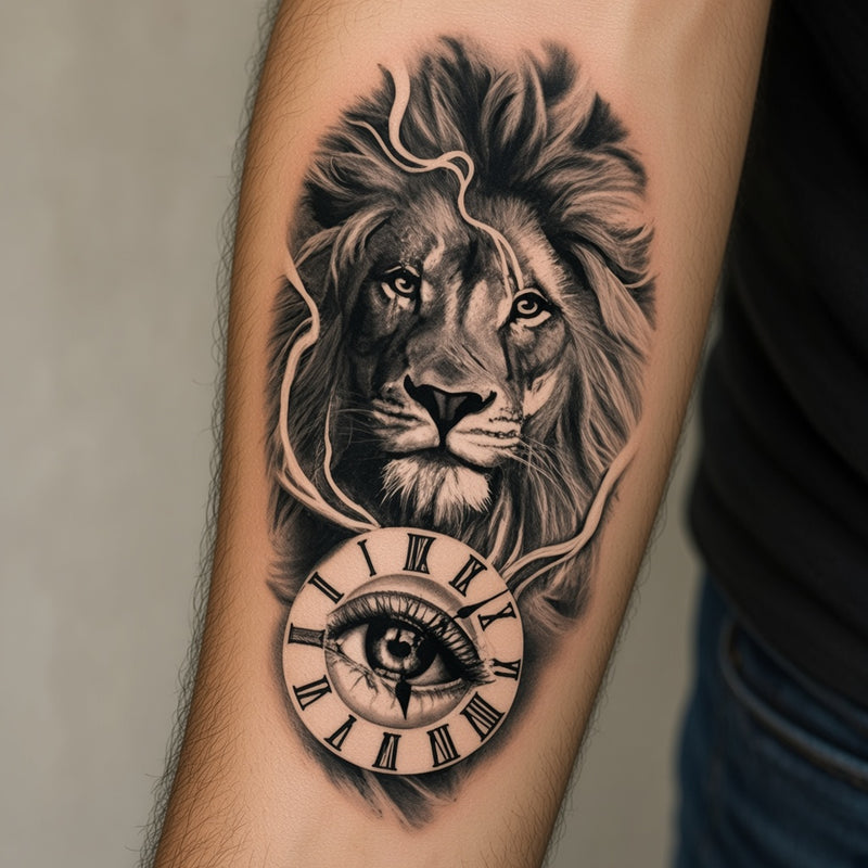 Lion above an eye clock worn on an outer forearm, black and grey temporary tattoo design