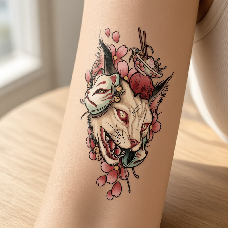 Electric Haven cat, skull and cherry blossom temporary tattoo worn on the outer forearm