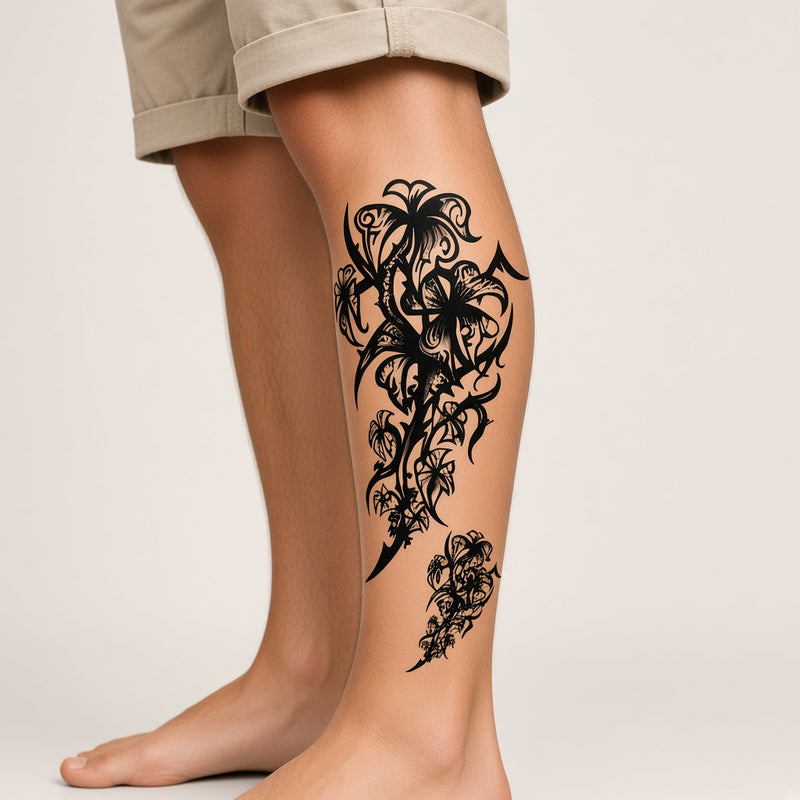 Desert Echo Flower & Floral temporary tattoo worn on the outer calf