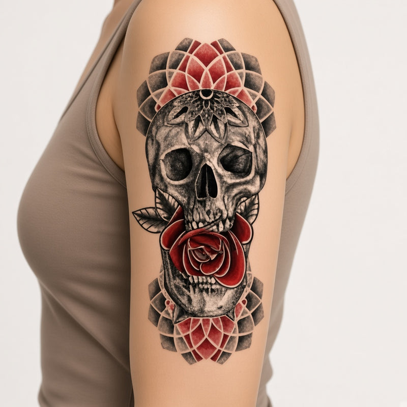 Grave Bloom Skull temporary tattoo worn on the outer upper arm