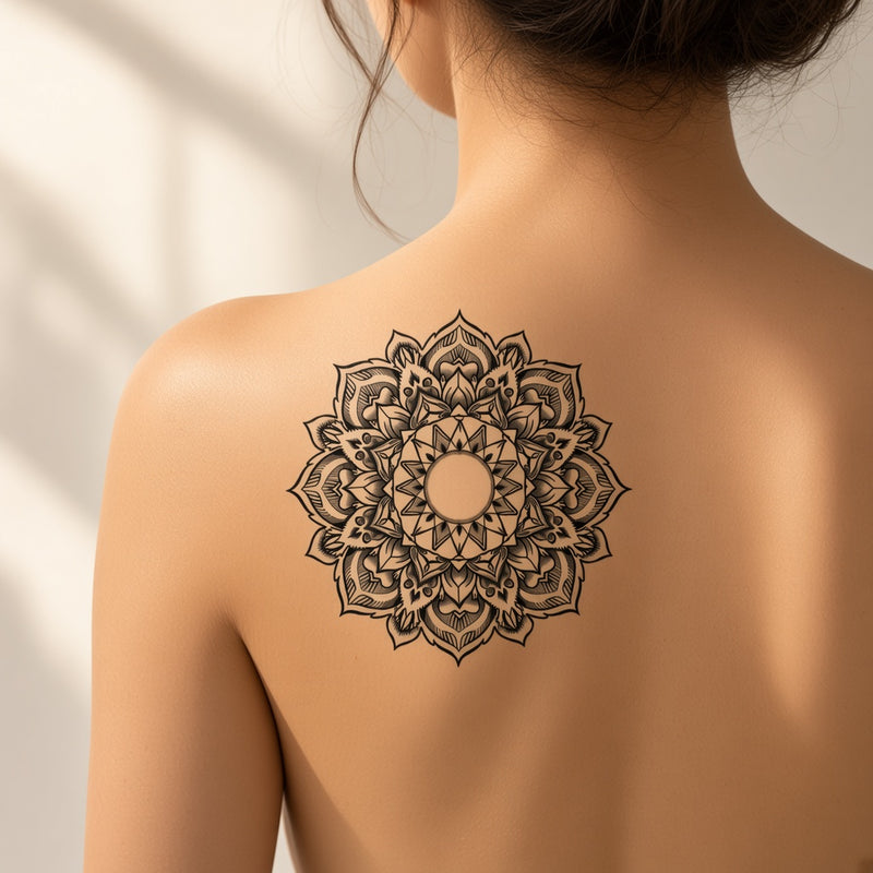 Crimson Wisp Flower & Floral & Totem Set temporary tattoo worn on the back of the shoulder