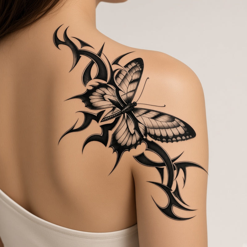 Moonlit Wisp Black & Butterfly temporary tattoo worn on the back of the shoulder