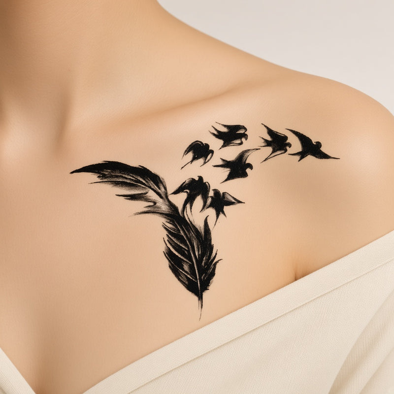Scarlet Ritual Swallow & Feather temporary tattoo worn on the collarbone