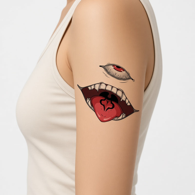 Harajuku Pop Anime temporary tattoo worn on the outer upper arm