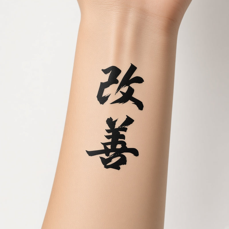 Kaizen temporary tattoo worn on the inner forearm