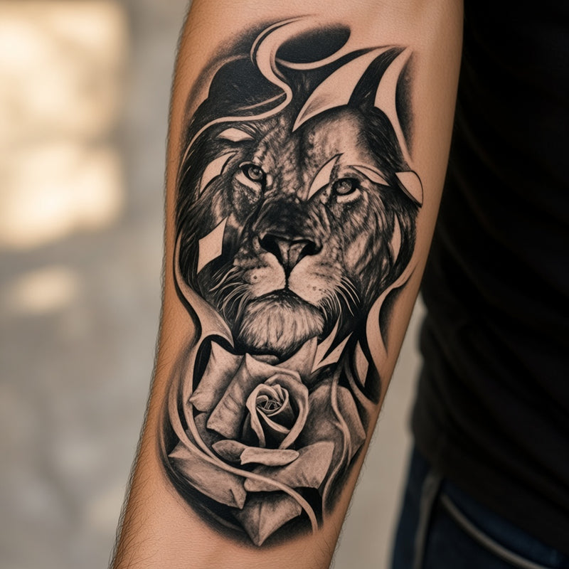 Lion face above a rose worn on an outer forearm, black and grey temporary tattoo design