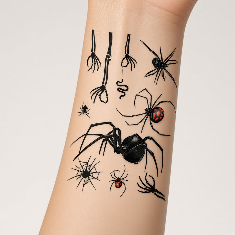 Halloween Spider & Skeleton temporary tattoo worn on the outer forearm