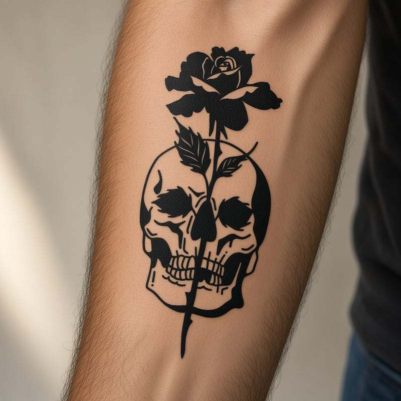 Skull with rose temporary tattoo worn on the forearm