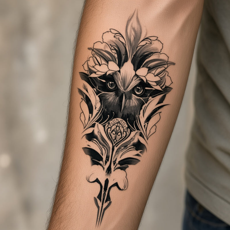 Ornamental owl with filigree worn on an outer forearm, black and grey temporary tattoo design