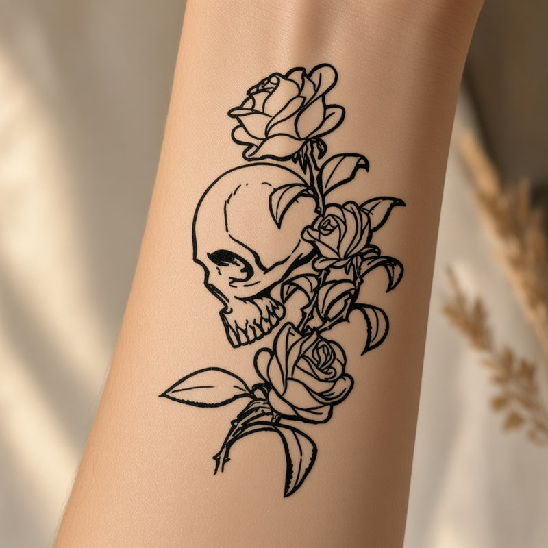 Outline skull with climbing rose vines worn on an inner forearm, black temporary tattoo design
