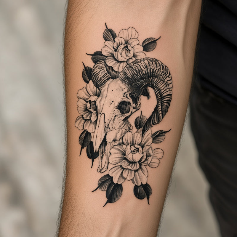 Ram skull among white peonies worn on an outer forearm, black and grey temporary tattoo design