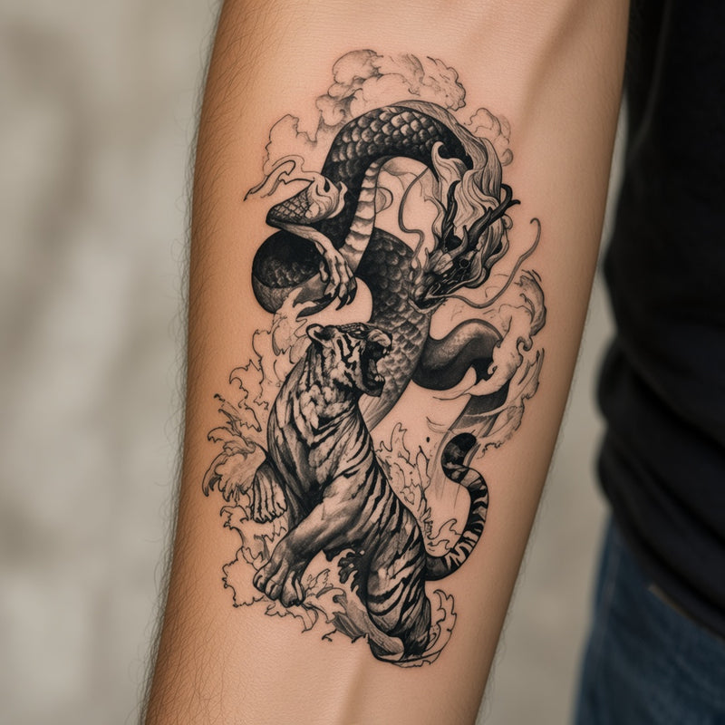 Dragon over a crouching tiger worn on an outer forearm, black and grey temporary tattoo design