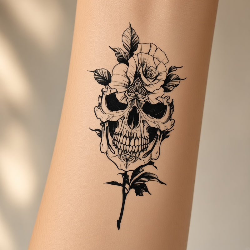 Skull topped with a rose temporary tattoo worn on the forearm