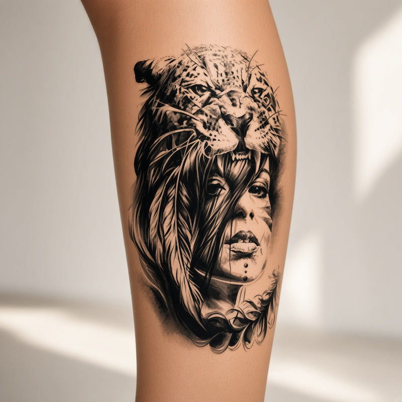 Velvet Bloom Tiger temporary tattoo worn on the outer calf