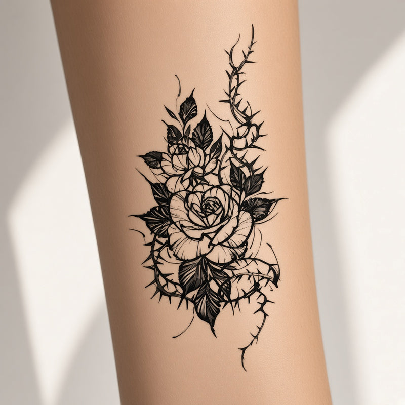 Cobalt Signal Rose & Flower temporary tattoo worn on the inner forearm