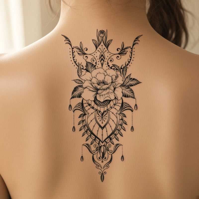 Ornamental peony with lace and jewel drops worn on the upper back, temporary tattoo design