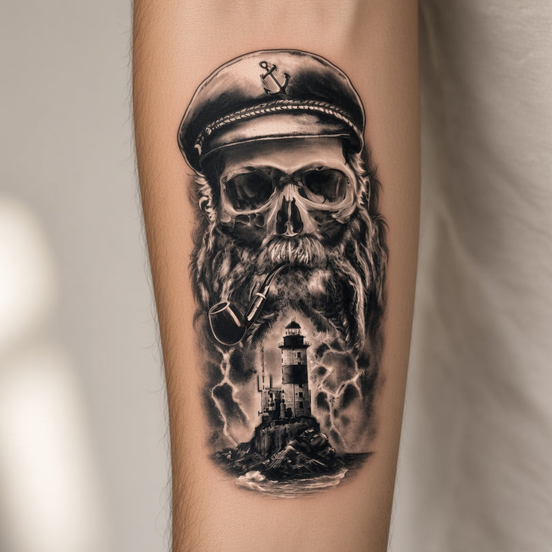 Bone Noir Skull & Lighthouse temporary tattoo worn on the inner forearm