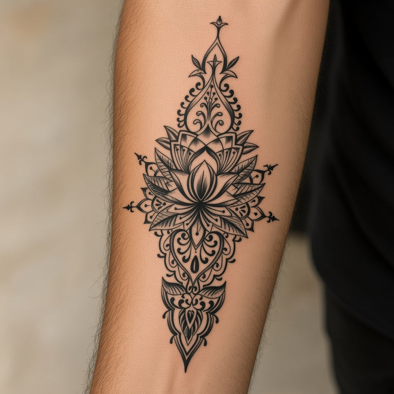 Ornamental lotus mandala worn on an outer forearm, temporary tattoo design