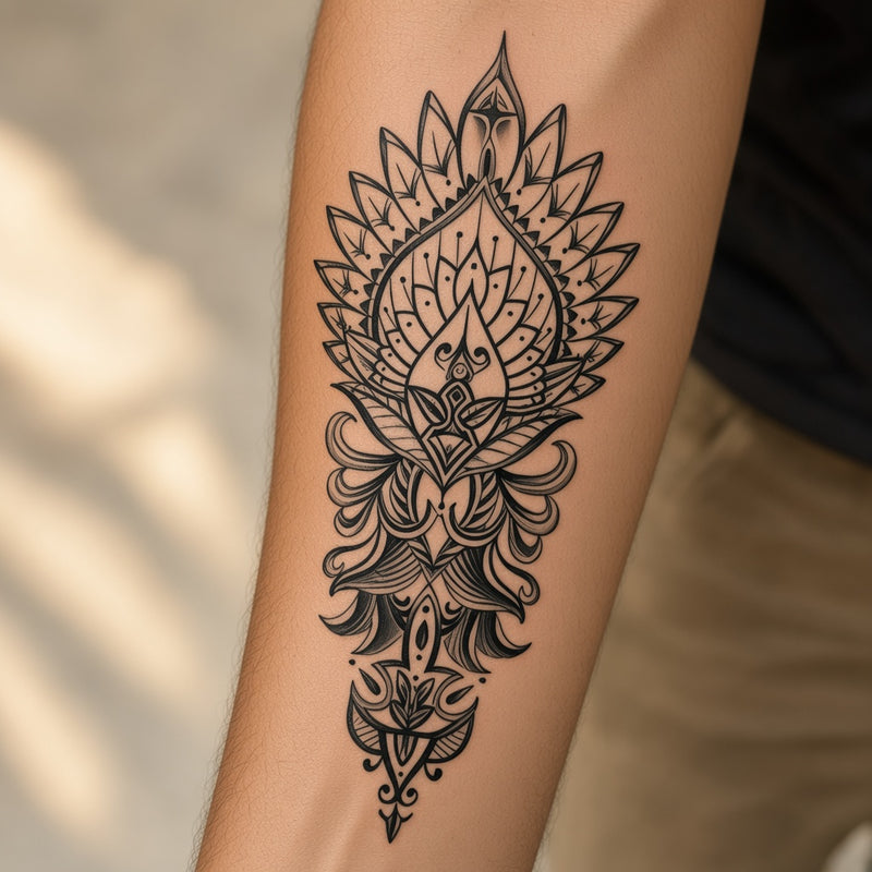 Dotted filigree lotus worn on an outer forearm, temporary tattoo design