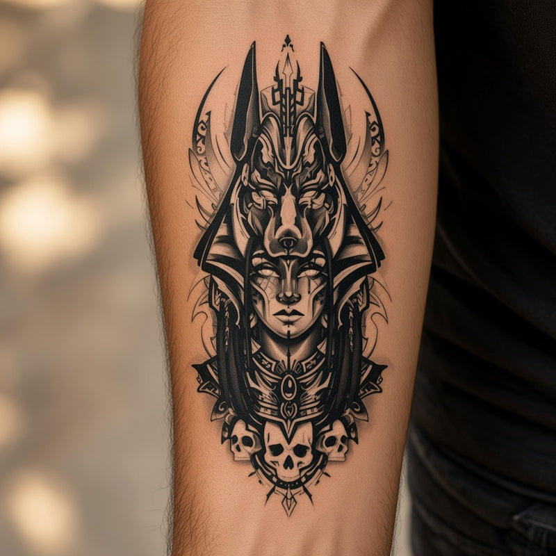 Anubis-style wolf warrior above skulls worn on an outer forearm, black and grey temporary tattoo design