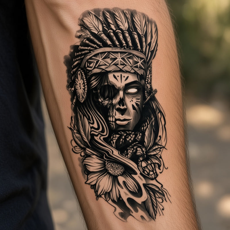 Woman in feathered headdress with half-skull face temporary tattoo worn on the forearm