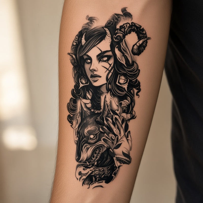 Horned woman with a snarling wolf worn on an outer forearm, black and grey temporary tattoo design