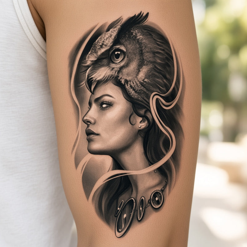 Woman in profile with an owl headdress worn on an upper arm, black and grey temporary tattoo design