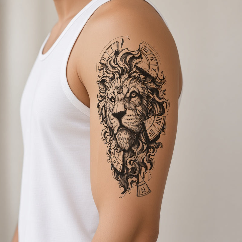 Electric Flame Lion & Clock temporary tattoo worn on the outer upper arm
