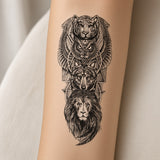 Lunar Haven Lion Tiger Owl & Wolf temporary tattoo worn on the inner forearm