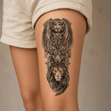 Lunar Haven Lion Tiger Owl & Wolf temporary tattoo worn on the outer thigh