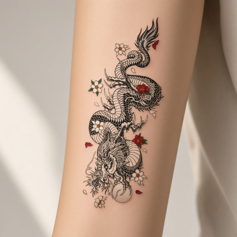 Moonlit Pulse Dragon & Snake & Flower temporary tattoo worn on the inner forearm