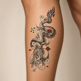 Moonlit Pulse Dragon & Snake & Flower temporary tattoo worn on the outer calf