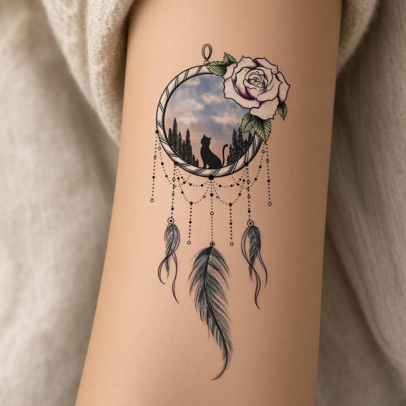Cat dreamcatcher with lavender rose temporary tattoo worn on the upper arm