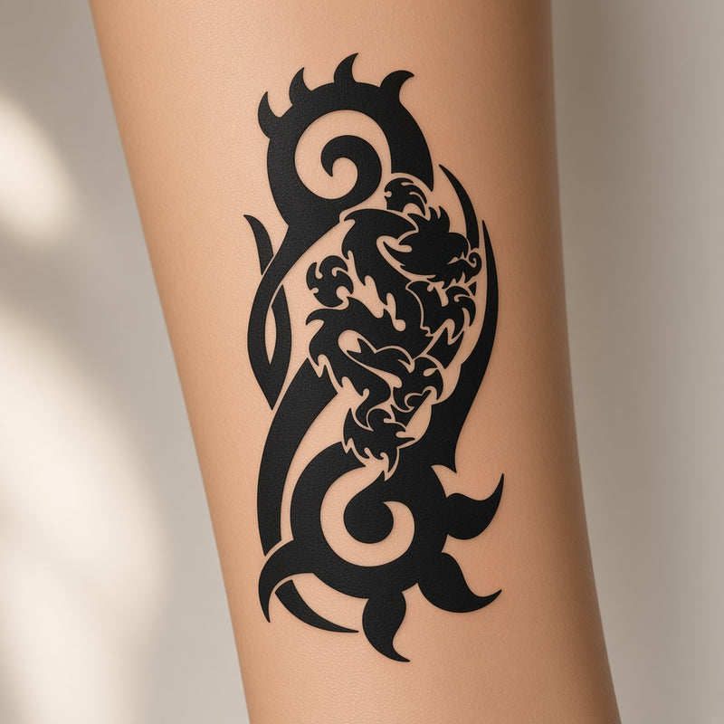 Lunar Coil Tribal Dragon temporary tattoo worn on the inner forearm