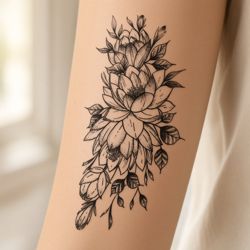 Fine-line lotus and peony bouquet temporary tattoo worn on the forearm